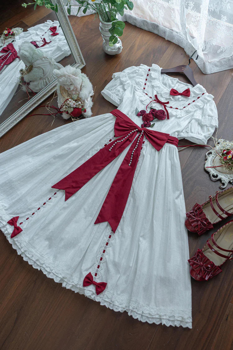 Sweet Lolita Classic White Short Sleeve Ruffles Bow Belt Dress 2 Colors