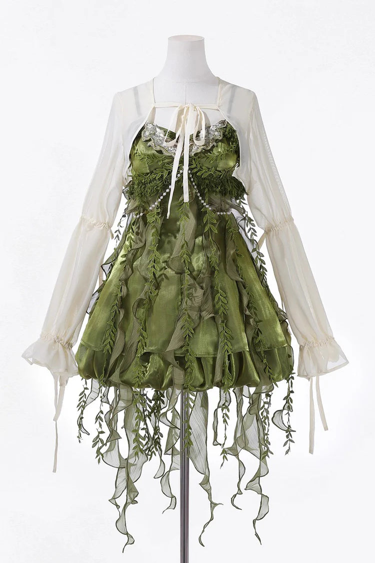Sweet Lolita Green Forest Elf with Leaf Embellished Ruffle Asymmetrical Dress
