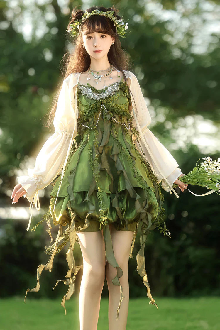 Sweet Lolita Green Forest Elf with Leaf Embellished Ruffle Asymmetrical Dress