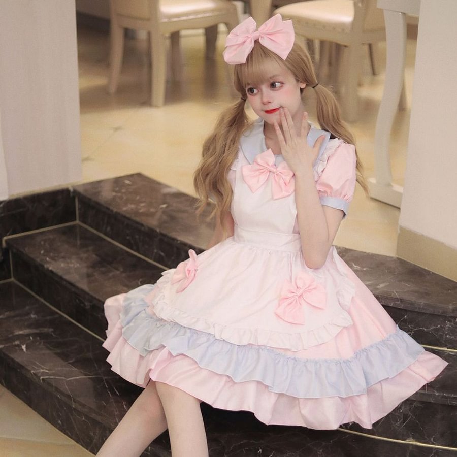 Sweet Lolita Maid Japanese Pink Cream Sweetheart 5XL Plus Size with Apron 2 Colors