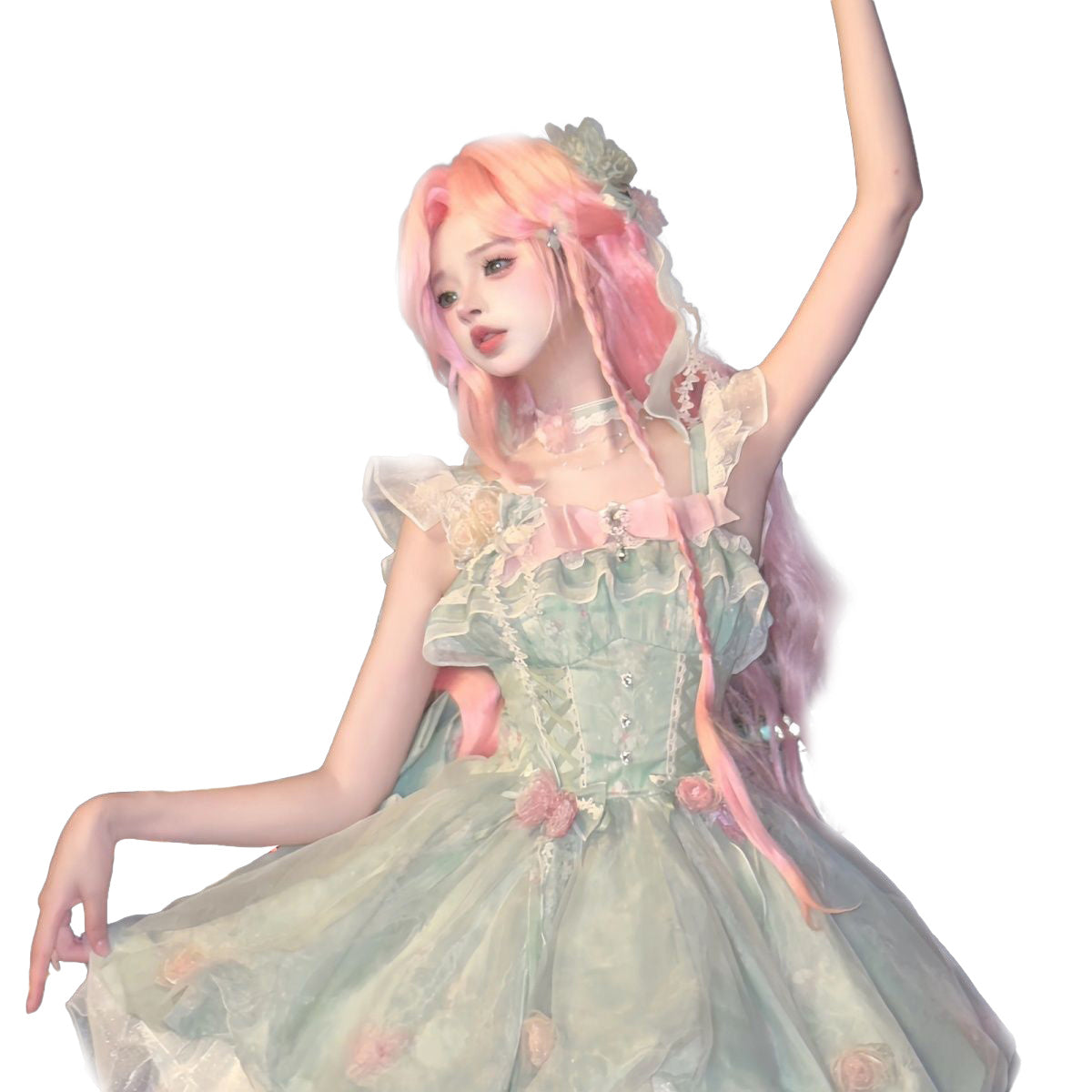 Sweet Lolita Mori Kei Fashion Green Flower Fairy Princess Bud Dress