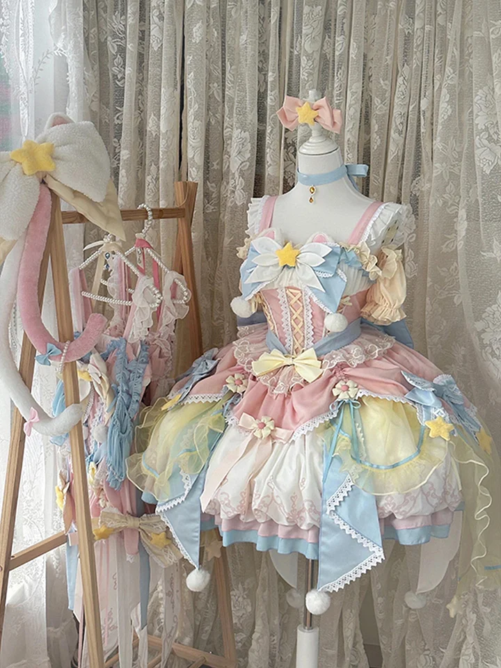 Sweet Lolita Pink and Blue Princess Dress with Flower Summer for Christmas