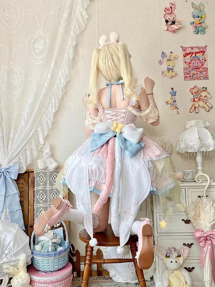 Sweet Lolita Pink and Blue Princess Dress with Flower Summer for Christmas