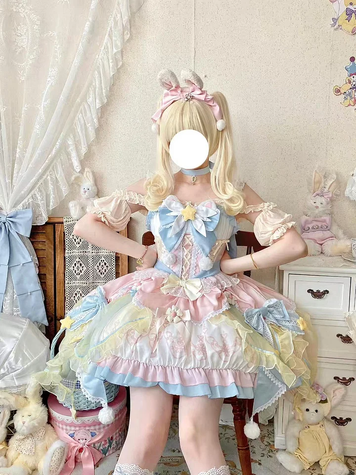 Sweet Lolita Pink and Blue Princess Dress with Flower Summer for Christmas