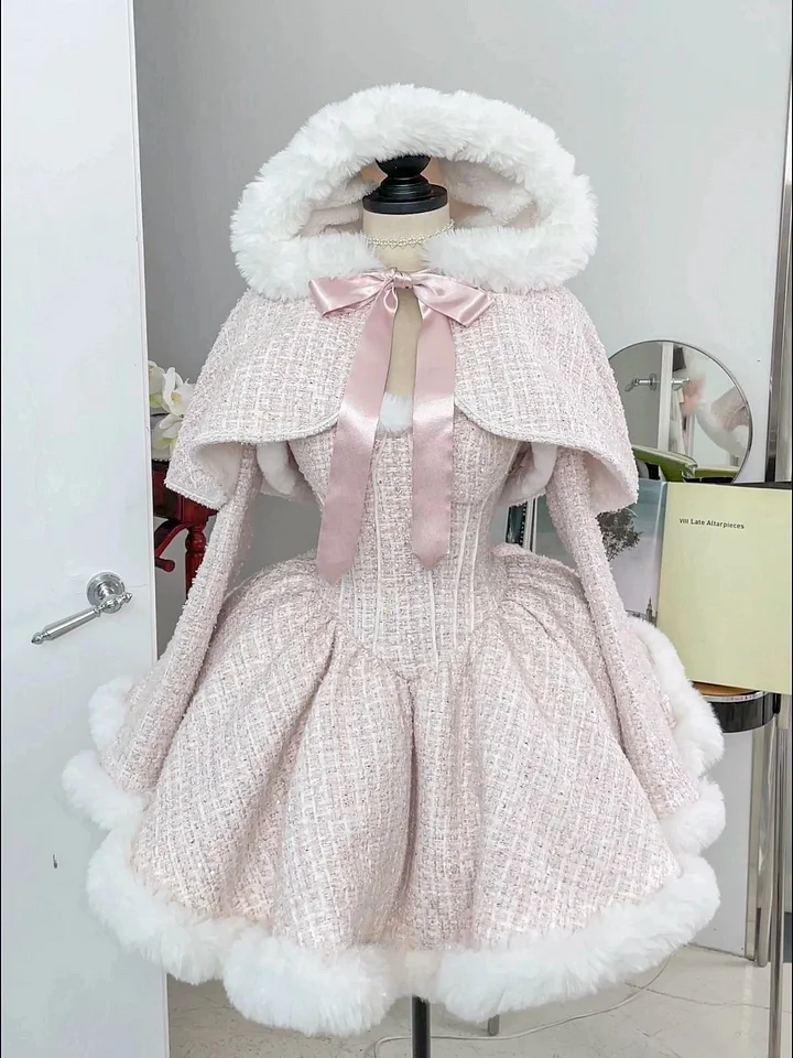 Sweet Lolita Pink Plush Dress Princess Dress for Winter Cloak Three Piece Set