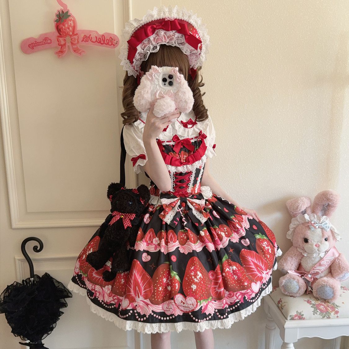 Sweet Lolita Red Strawberry Pattern Suspender Cute Short Sleeve for Tea Party