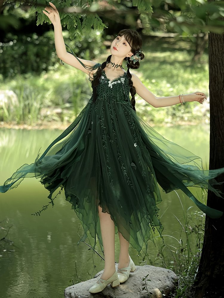 Sweet Mori Kei Lolita Green Fairy Forest Dress Yarn Suspender Dress Elf