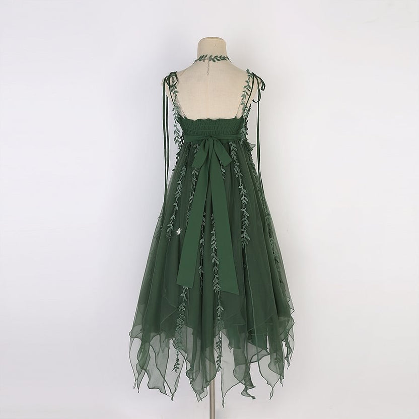 Sweet Mori Kei Lolita Green Fairy Forest Dress Yarn Suspender Dress Elf