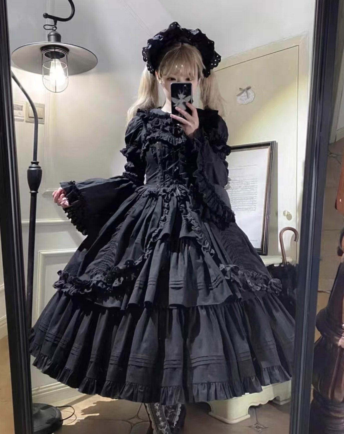 Classic Lolita Vintage Victorian Black Long Sleeve Dress Plus Size for Halloween