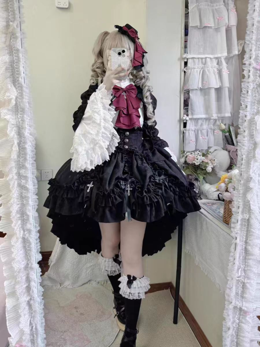 Gothic Lolita Black Burgundy Asymmetric Skirt Dress with Ruffled Bow Set