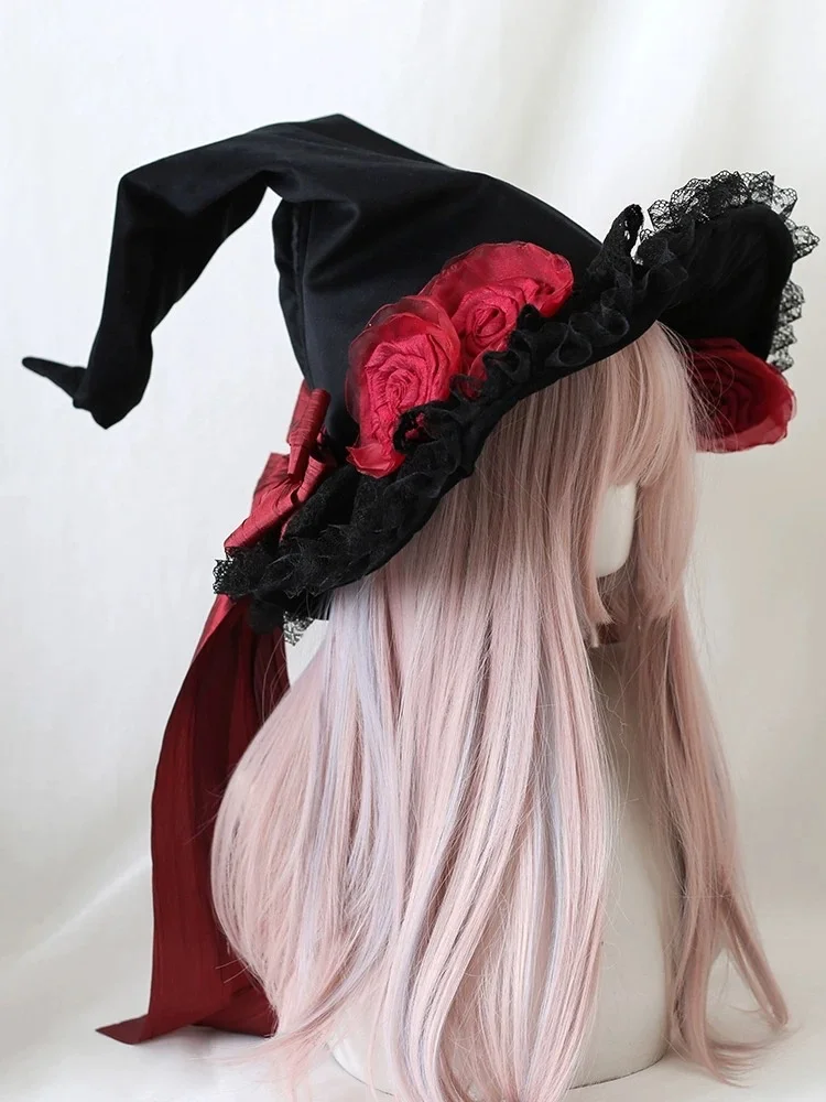 Lolita Accessories Flower Witch Hat with Bow Velvet Lace for Halloween