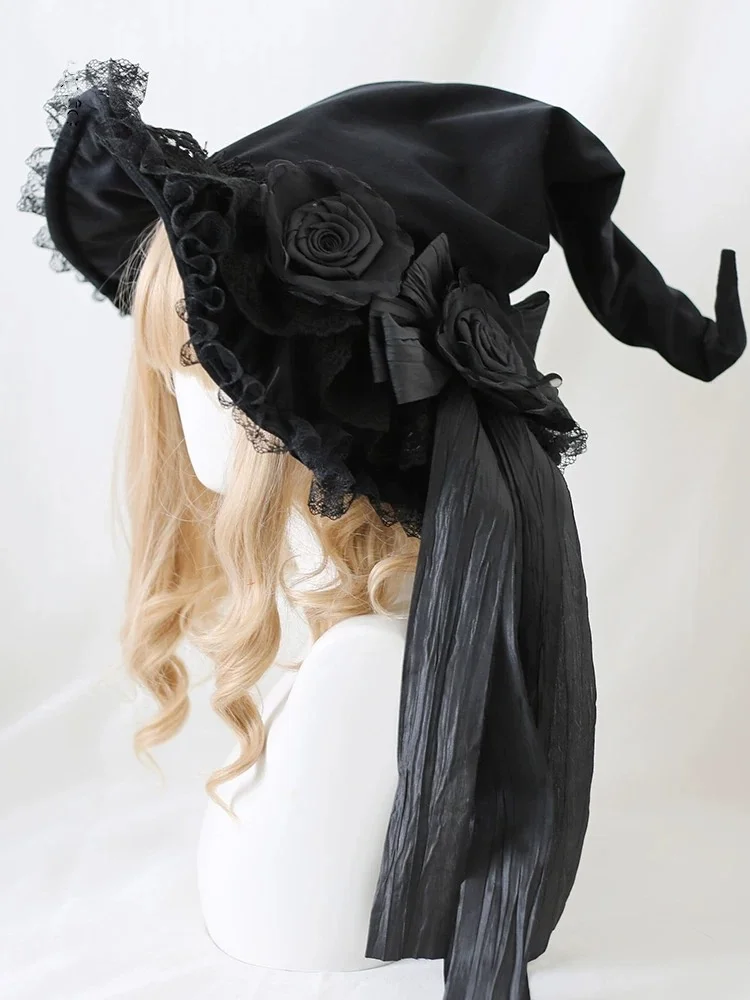 Lolita Accessories Flower Witch Hat with Bow Velvet Lace for Halloween