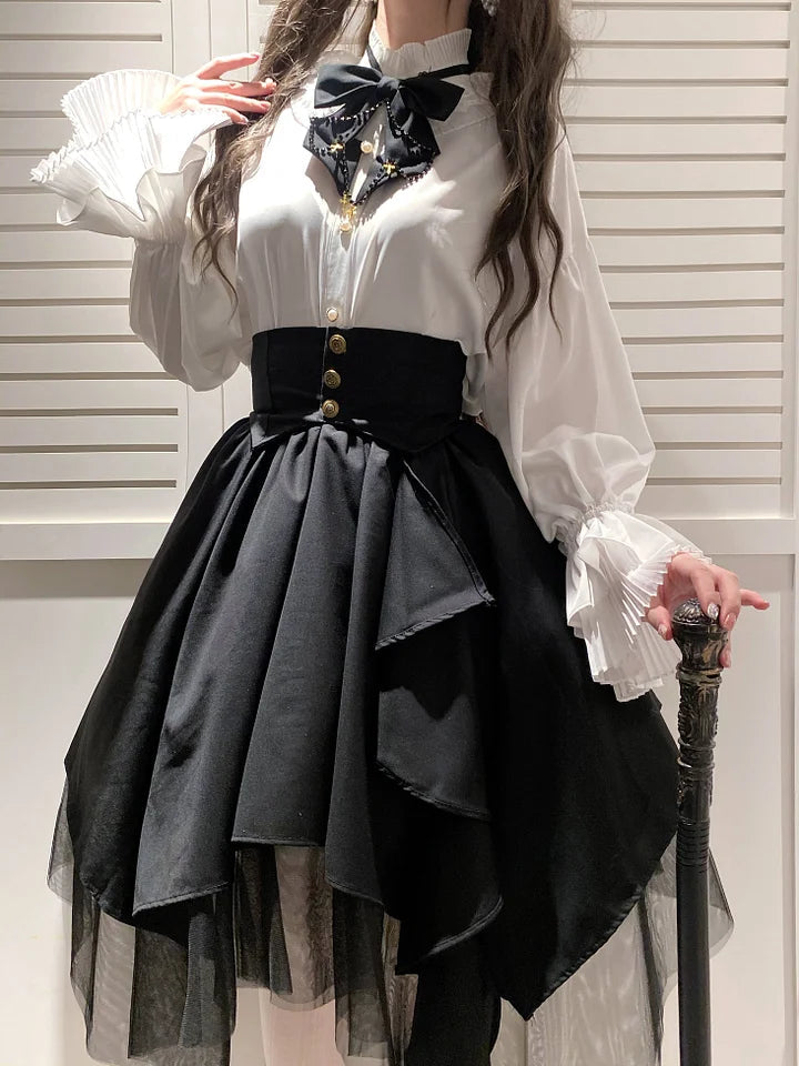 Goth Lolita Vintage White Black Irregular Set Dresses for Autumn