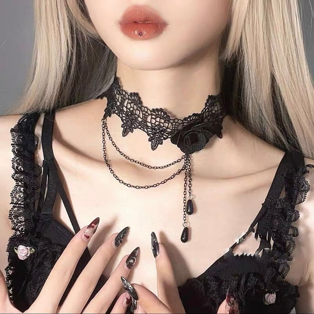 Gothic Lolita Dark Black Lace Necklace Chain Choker  for Halloween