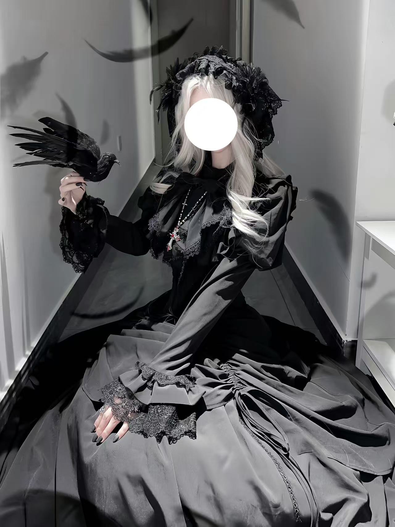 Goth Lolita Black Dark Witch Waist-Cinched Dress for Halloween Autumn