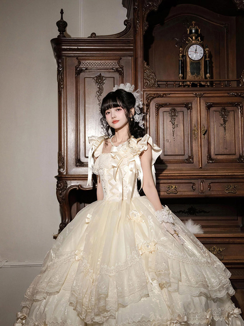 Hime Lolita Ivory White Camellia Moonlight Ruffled Ball Gown for Party Wedding