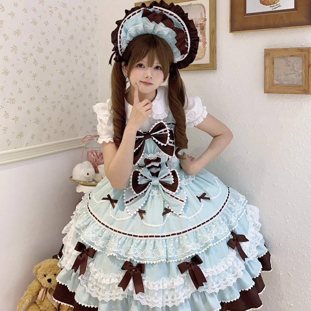 Hime Lolita Sweet Mint Chocolate Layer Trimmed Dress Cake Dress for Tea Party
