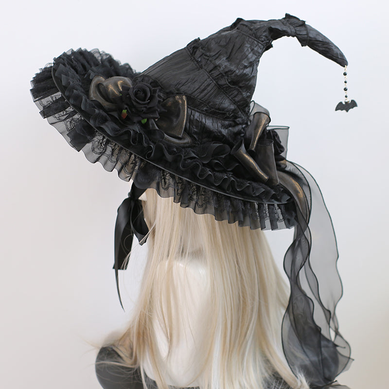 Lolita Accessories Goth Black Witch Hat Headgear Big Brim for Halloween