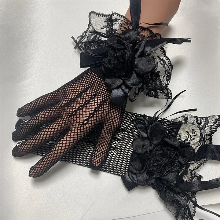 Lolita Accessories Gothic Black Dark Rose Vintage  Mesh Lace Gloves for Halloween