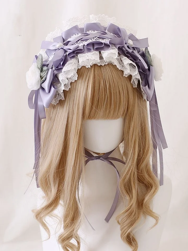 Lolita Accessories Wisteria Floral Hairband Hat with Bow Purple Hair Clips
