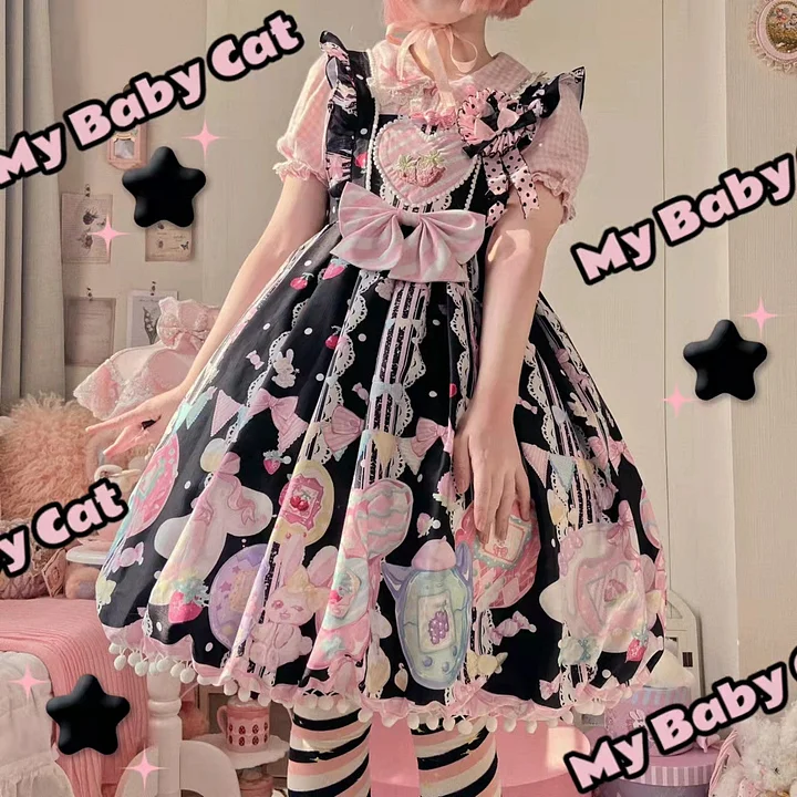 Sweet Lolita Black Cartoon Printing Patterns Sweetheart Dress 2 Colors