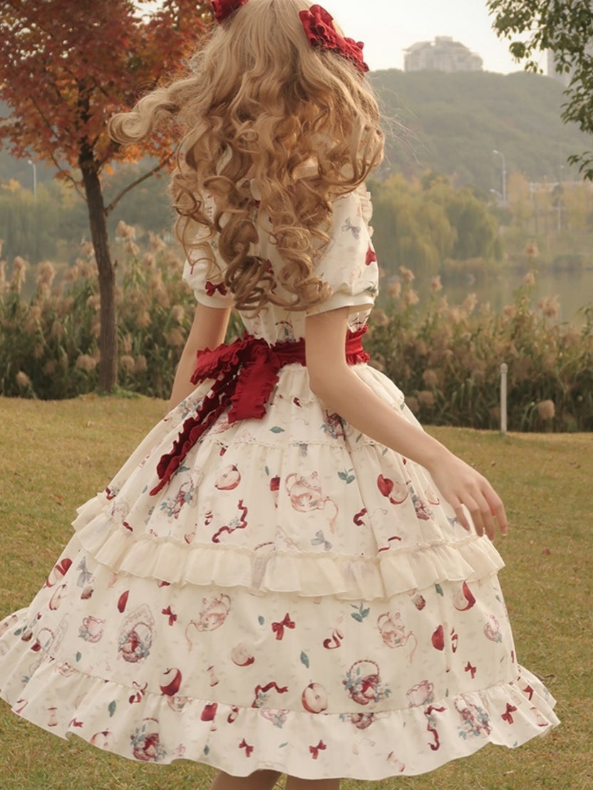 Sweet Lolita Idyllic Strawberry Printed Cream Short Sleeved Ruffle Dress