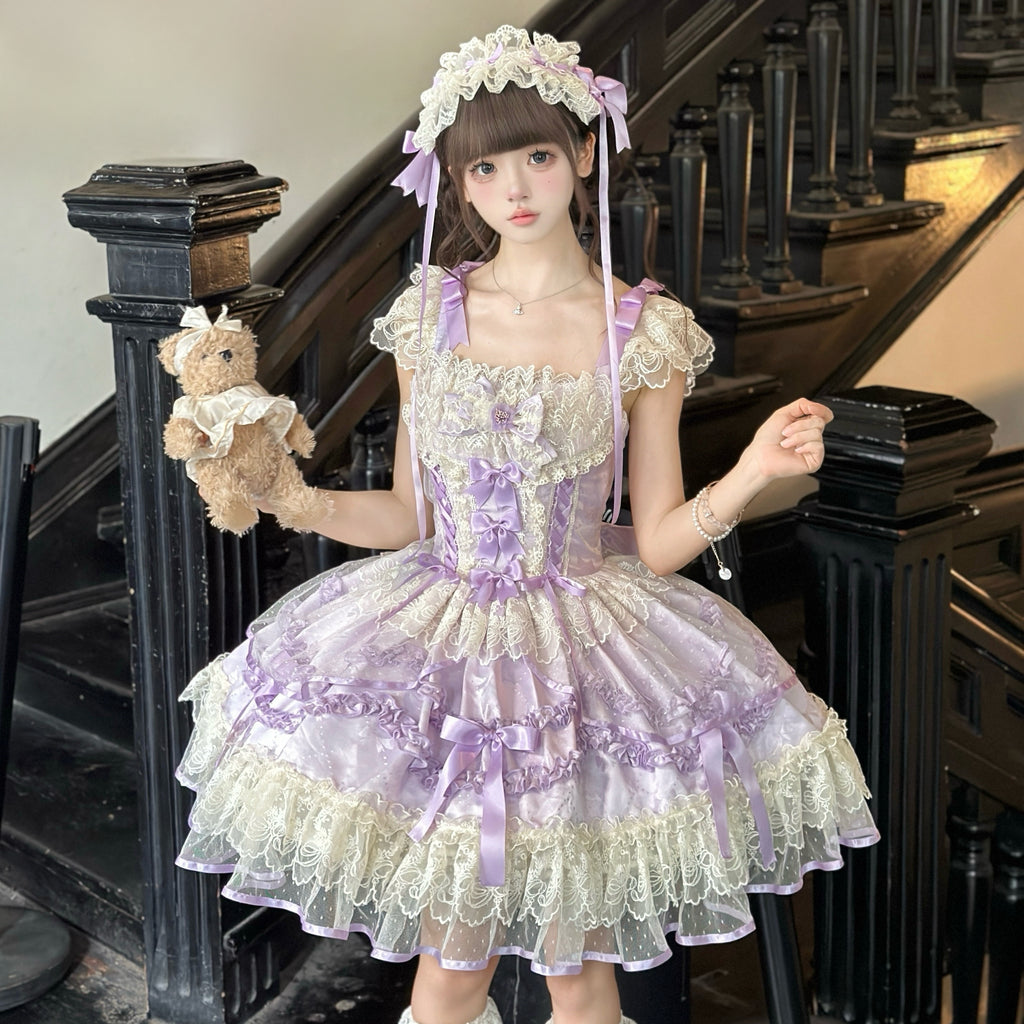 Sweet Lolita Lavender Purple Lace Layer Accented Cake Dress