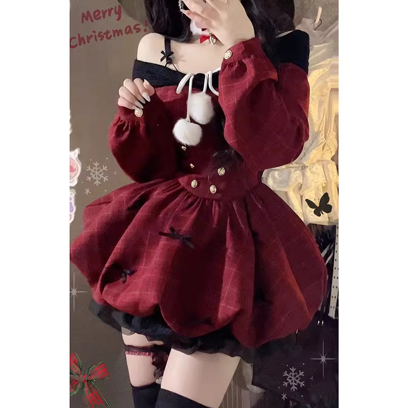 Sweet Lolita Red Off-Shoulder Long Sleeve Flared Dress Winter for Christmas