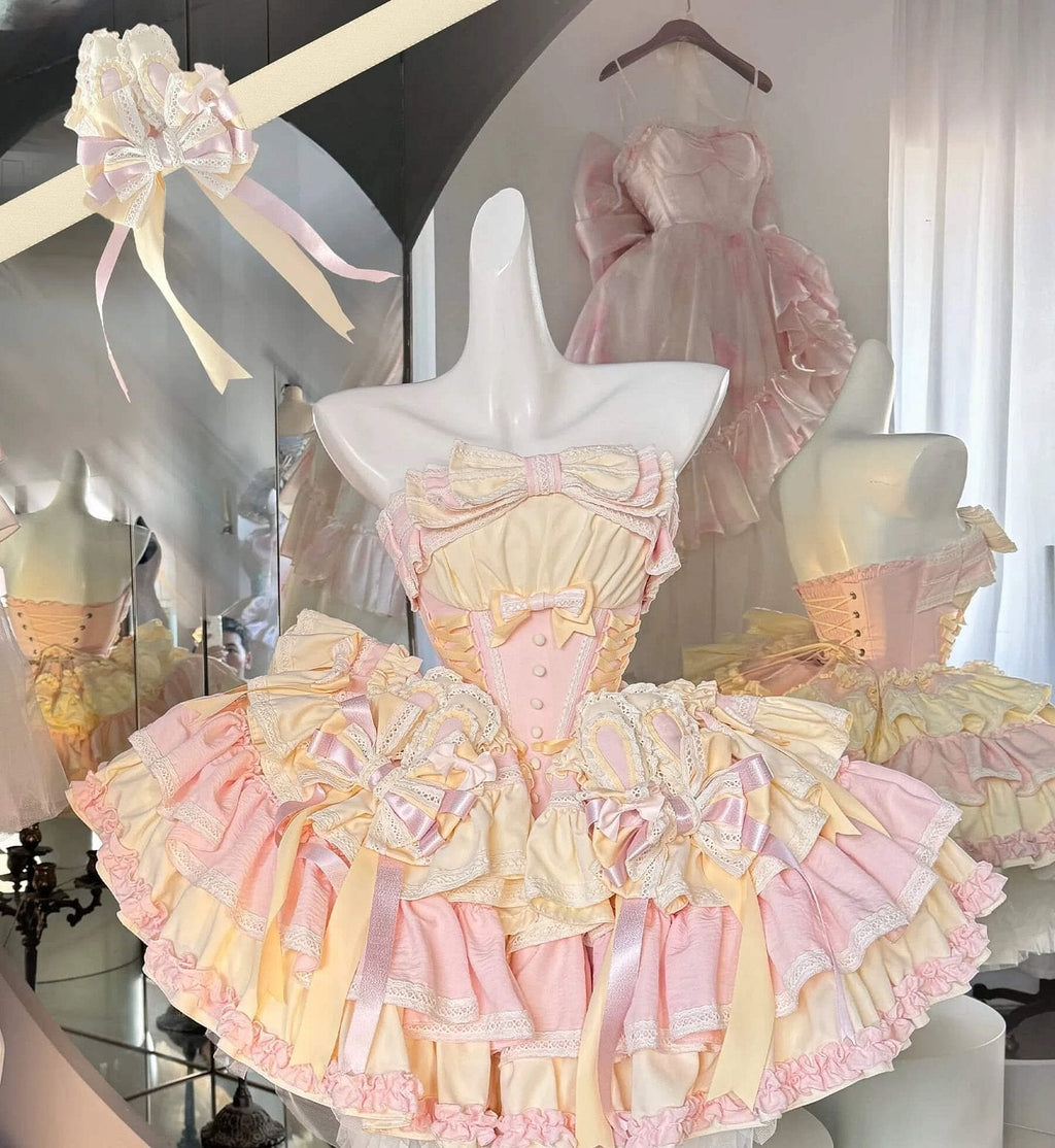 Sweet Lolita Ribbon Ballet Style Bunny Ears Cake Dress Pink-green Ruffles