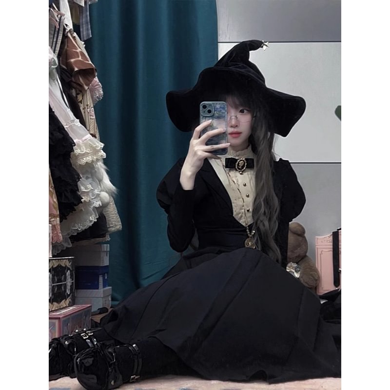 Classic Lolita Black Bubble Long Sleeve Back-to-school Dress Autumn for Halloween