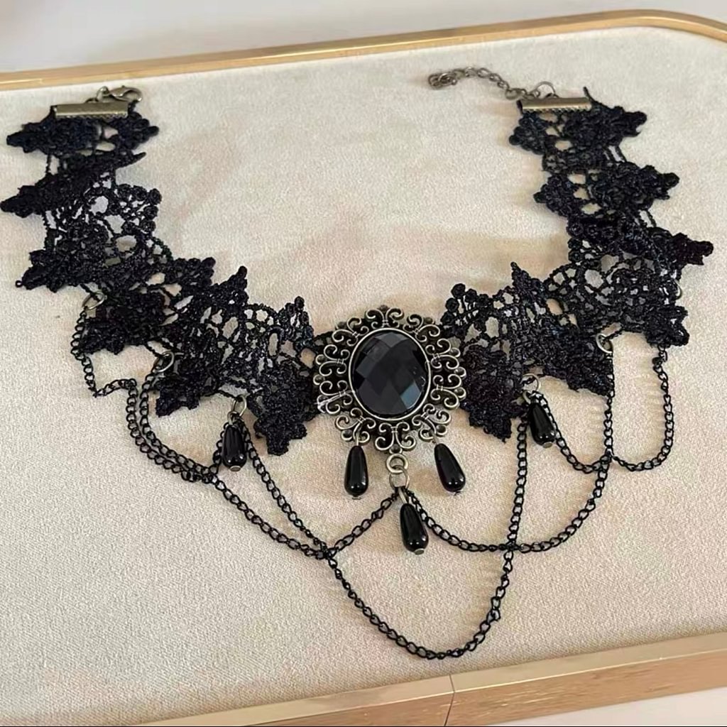 Gothic Lolita Dark Black Lace Necklace Chain Choker  for Halloween