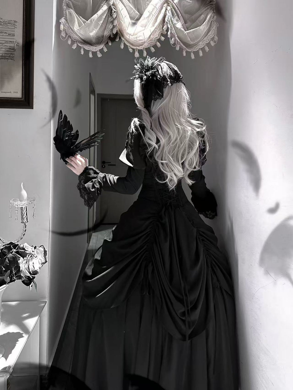 Goth Lolita Black Dark Witch Waist-Cinched Dress for Halloween Autumn