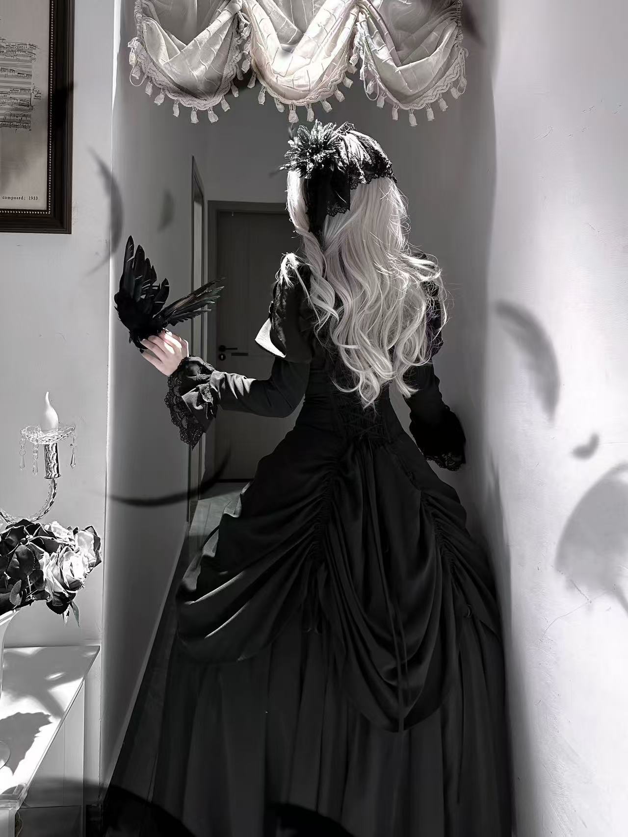 Goth Lolita Black Dark Witch Waist-Cinched Dress for Halloween Autumn