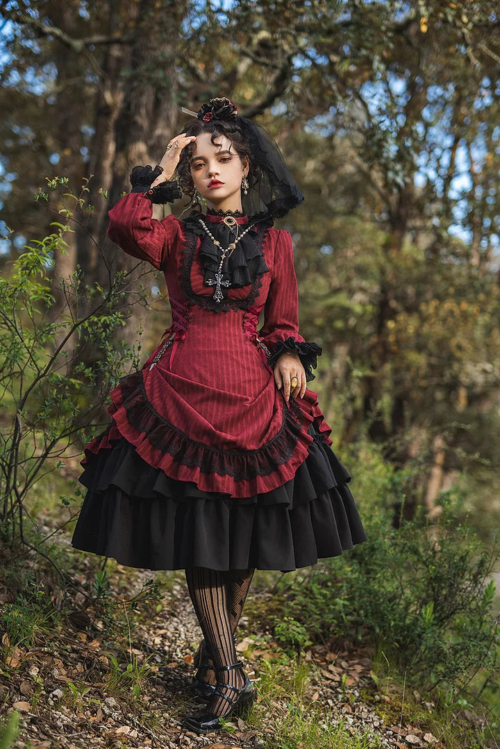 Goth Lolita Classic Vintage Dress Victorian Black Red Maxi Dresses