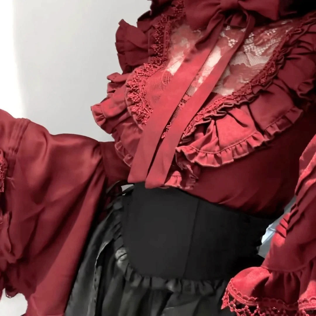 Gothic Lolita Black and Red Long Dress Shirt Sleeve Skirt+Top Set for Christmas