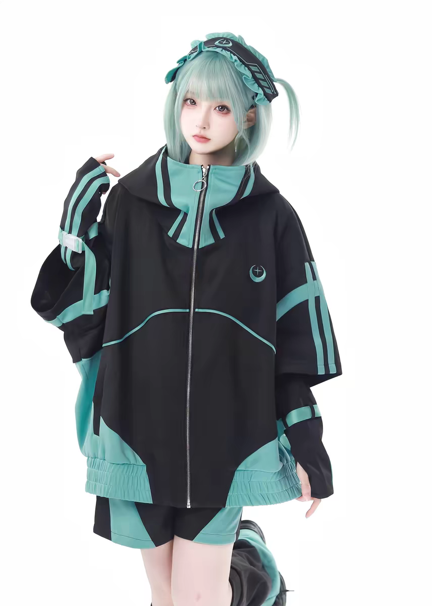 Gothic Lolita Jirai Kei Cyberpunk Set Green Hoodie Oversized Streetwear Outfit 2 Colors
