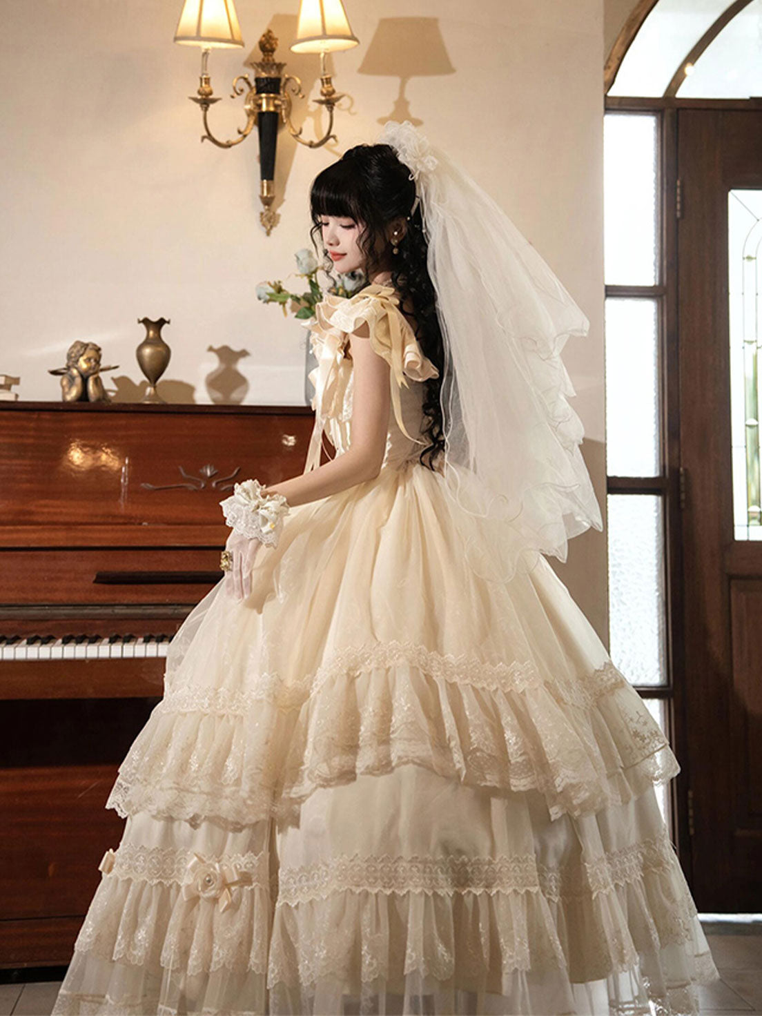 Hime Lolita Ivory White Camellia Moonlight Ruffled Ball Gown for Party Wedding