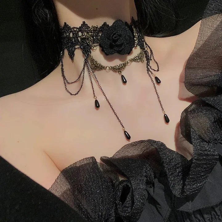 Lolita Accessories Black Rose Gothic Necklace Pendant Lace Chocker for Halloween