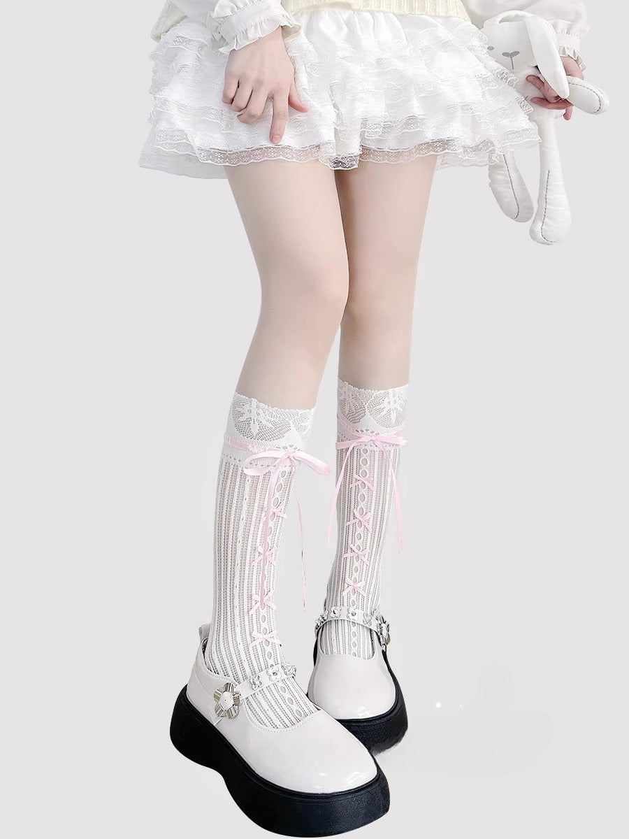 Lolita Accessories White Ballet Stockings Mary Janes Mid Calf Bow Socks 3 Colors