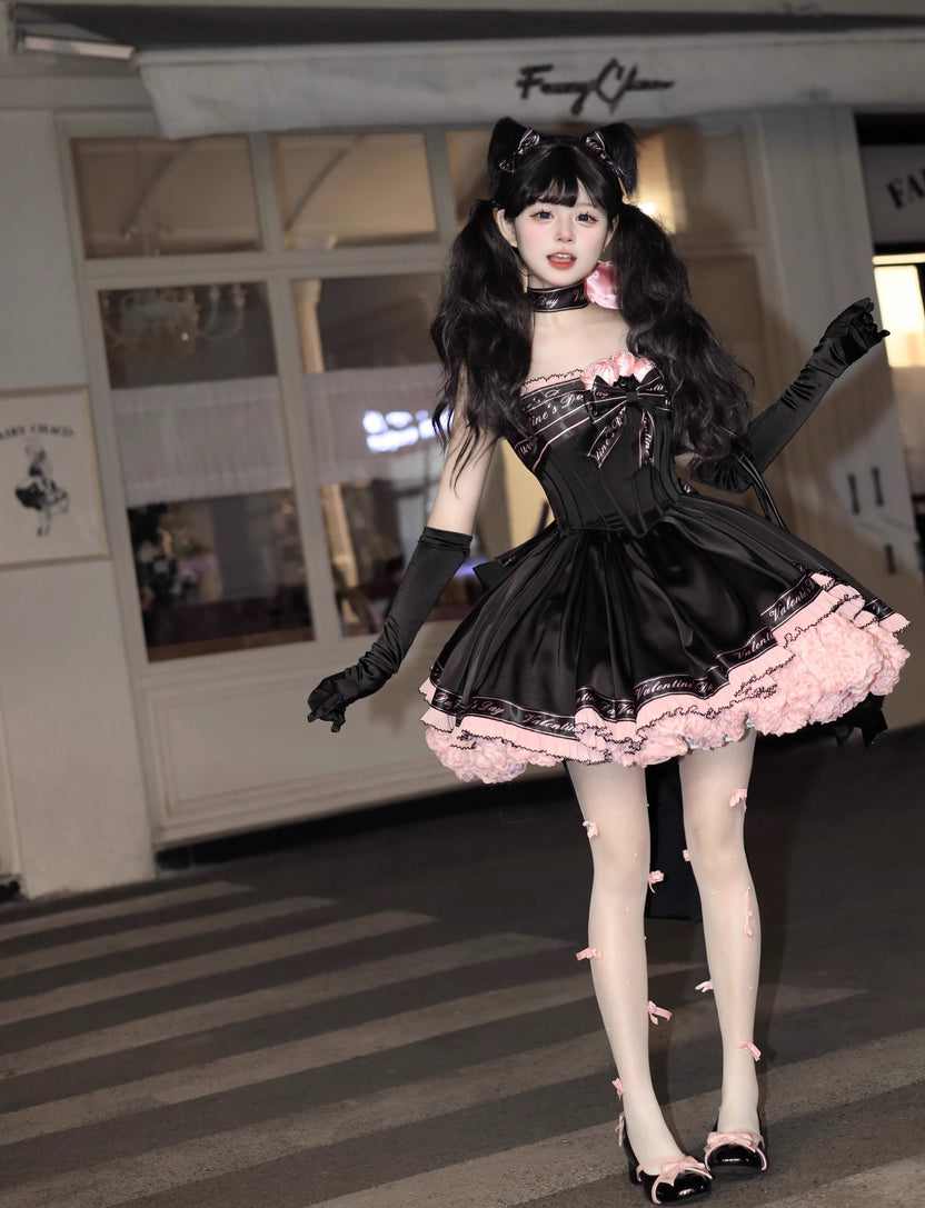 Sweet Lolita Black Pink Princess Ball Gown Ballet Short Strap Dress for Party