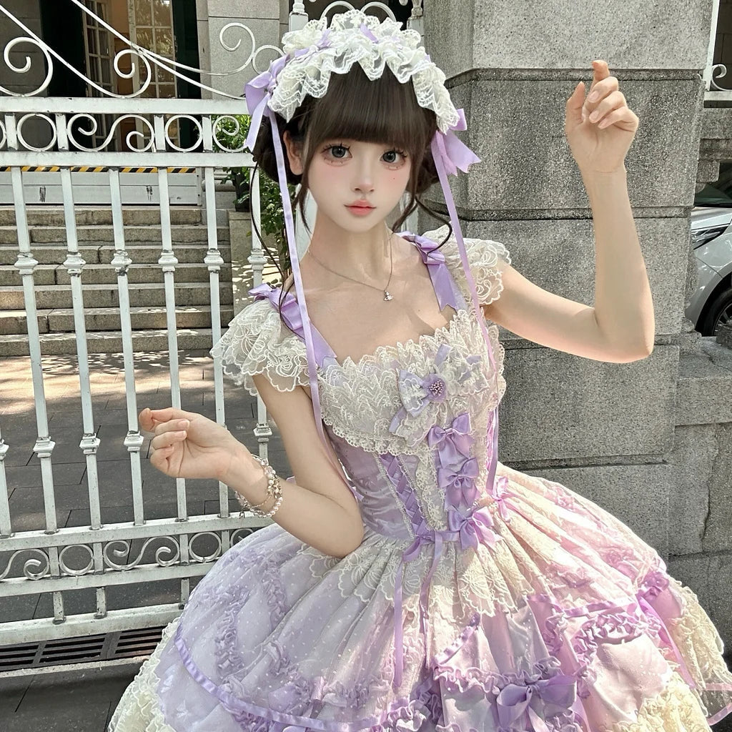 Sweet Lolita Lavender Purple Lace Layer Accented Cake Dress