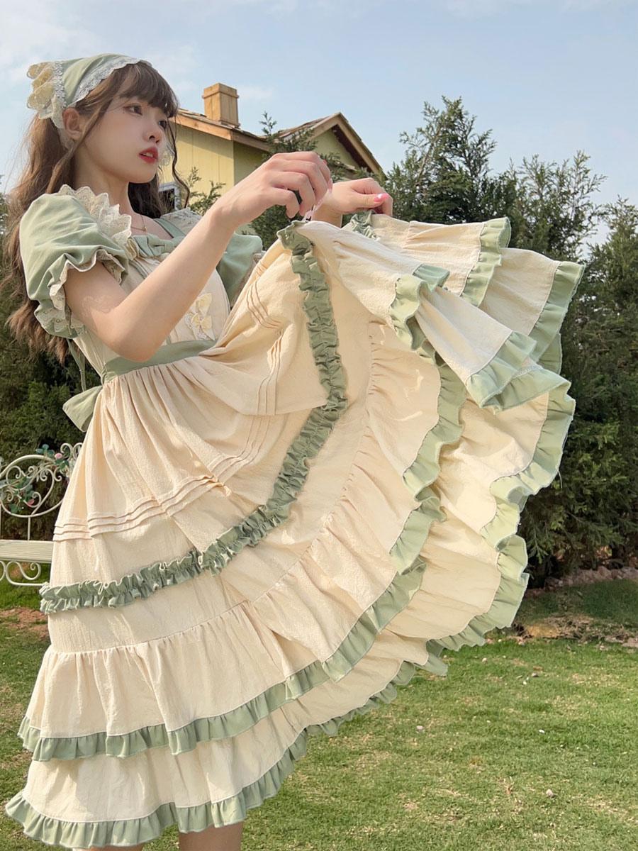 Sweet Lolita Maid Green Forest Ruffle Country Style Long Cake Layer Dress Daily