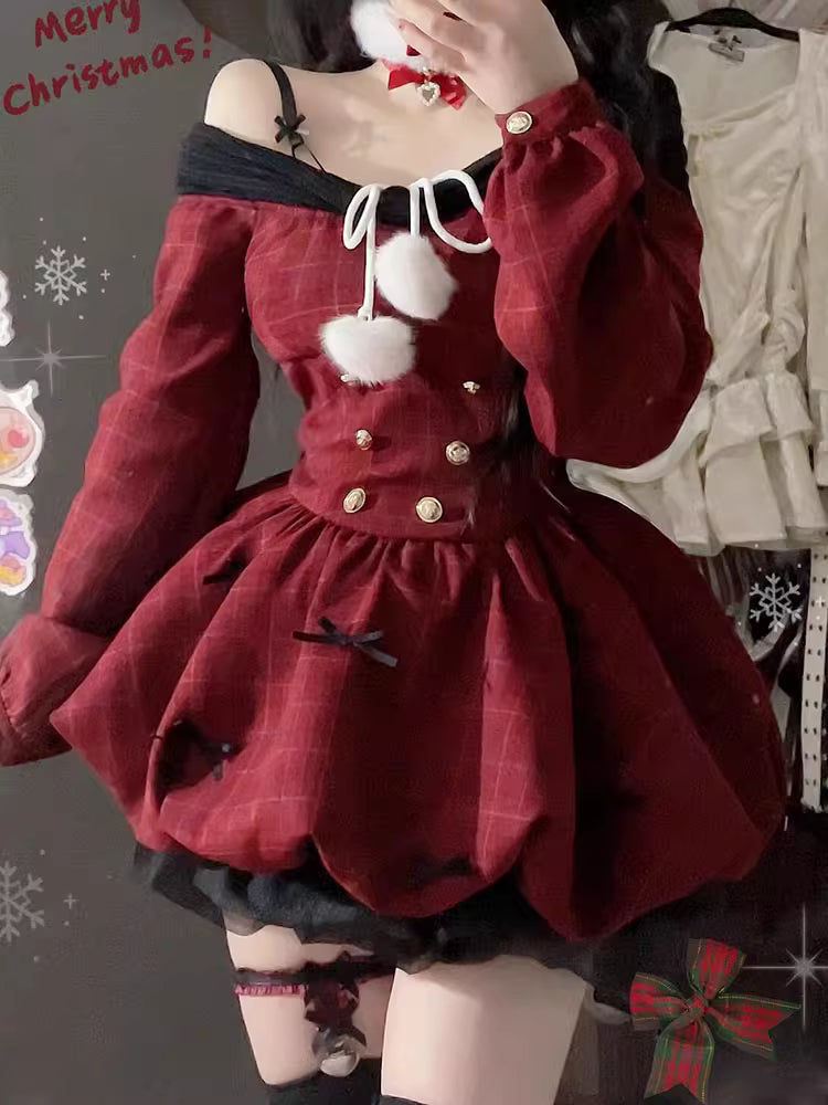 Sweet Lolita Red Off-Shoulder Long Sleeve Flared Dress Winter for Christmas
