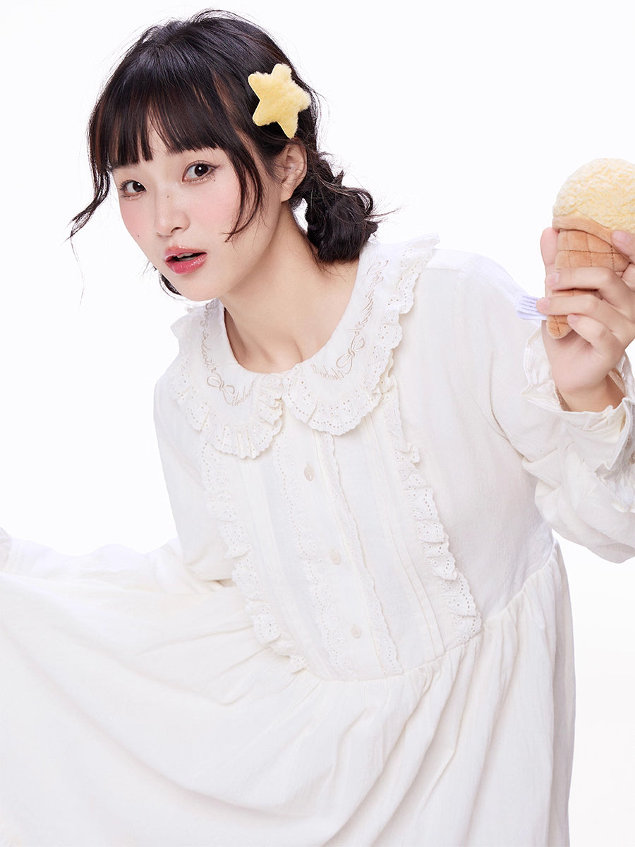 Sweet Lolita White Peter Pan Collar Jacquard Ribbon Bow Fall Daily