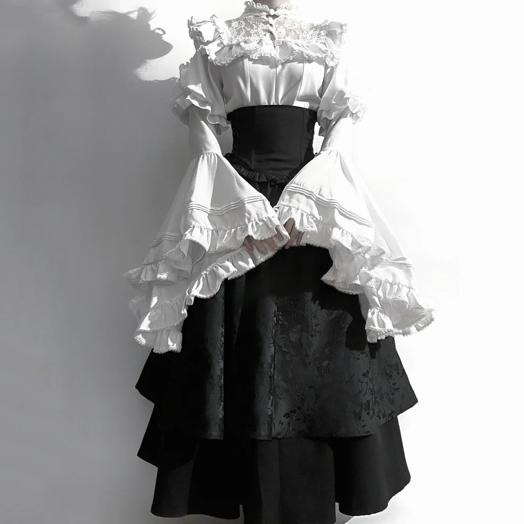 Gothic Lolita Black and Red Long Dress Shirt Sleeve Skirt+Top Set for Christmas