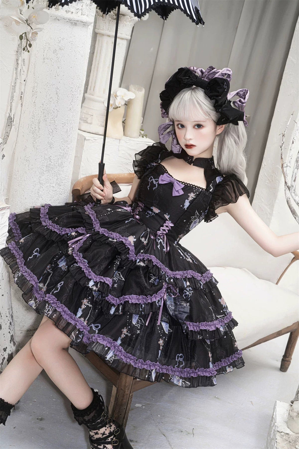 Gothic Lolita Purple Princess Black Ruffle Lace with Bow Cake Dress