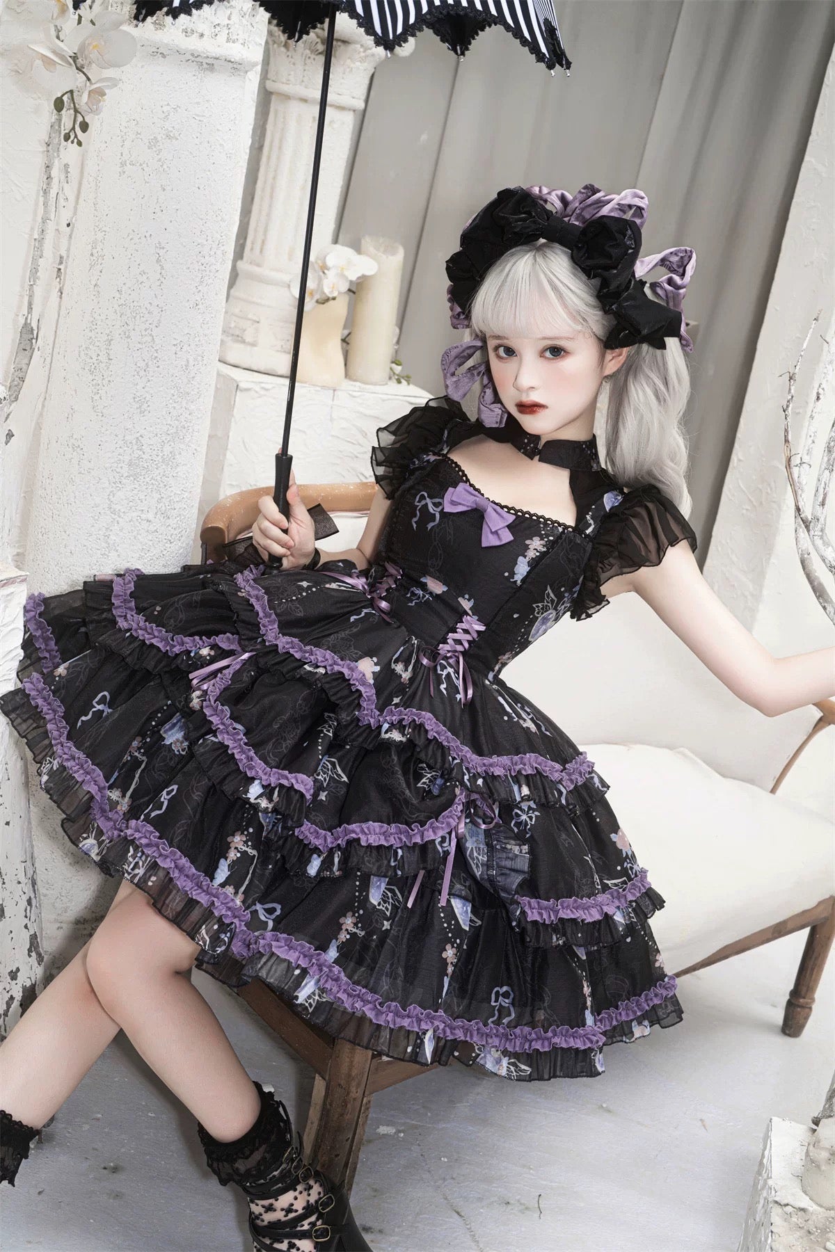 Gothic Lolita Purple Princess Black Ruffle Lace with Bow Cake Dress
