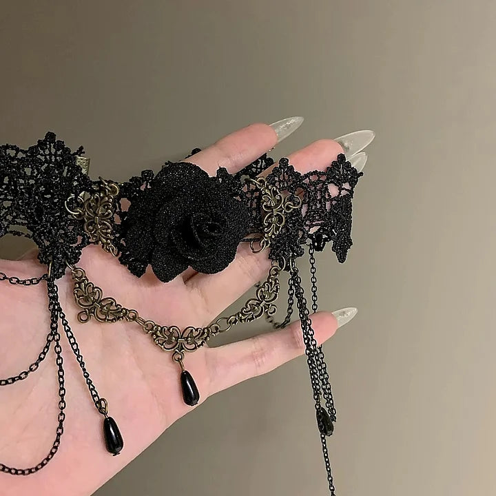Lolita Accessories Black Rose Gothic Necklace Pendant Lace Chocker for Halloween