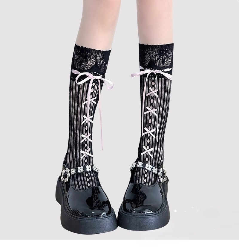 Lolita Accessories White Ballet Stockings Mary Janes Mid Calf Bow Socks 3 Colors