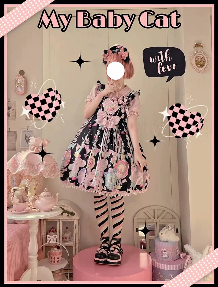 Sweet Lolita Black Cartoon Printing Patterns Sweetheart Dress 2 Colors